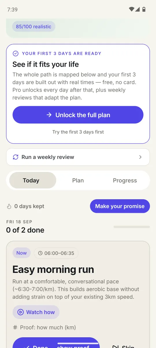 The Planex app showing a plan scored 85 out of 100 for realism, with today's first session, Easy morning run, from 06:00 to 06:35
